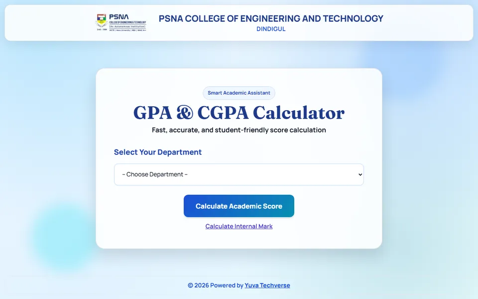 The live PSNA GPA and CGPA Calculator, showing the department selector and calculate button
