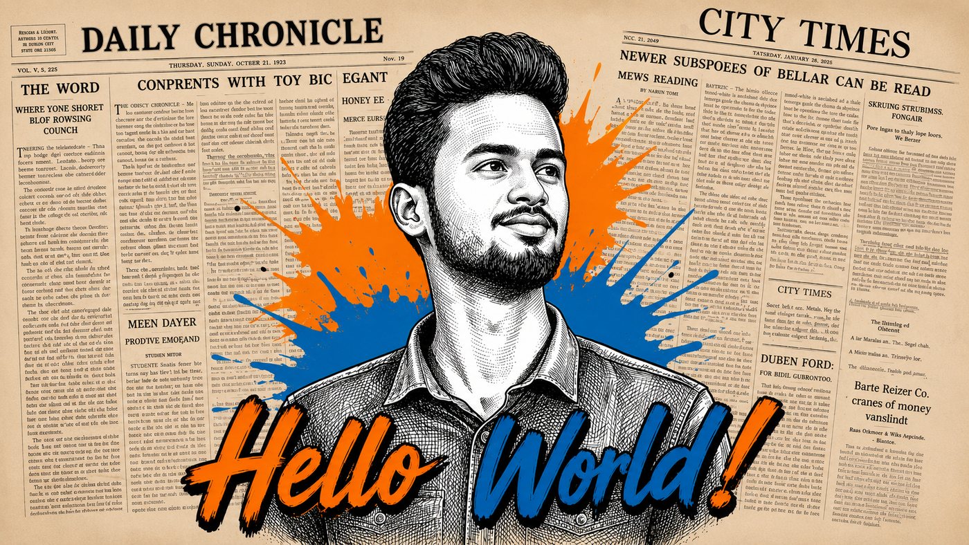 Illustrated portrait of Yuvaraj P on a vintage newspaper spread with 'Hello World!' hand-lettered across it